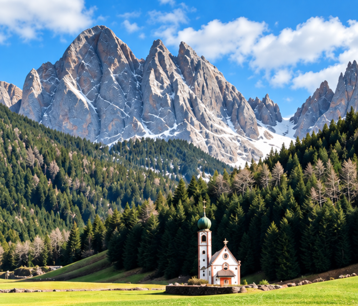Église au pied des Dolomites en Italie